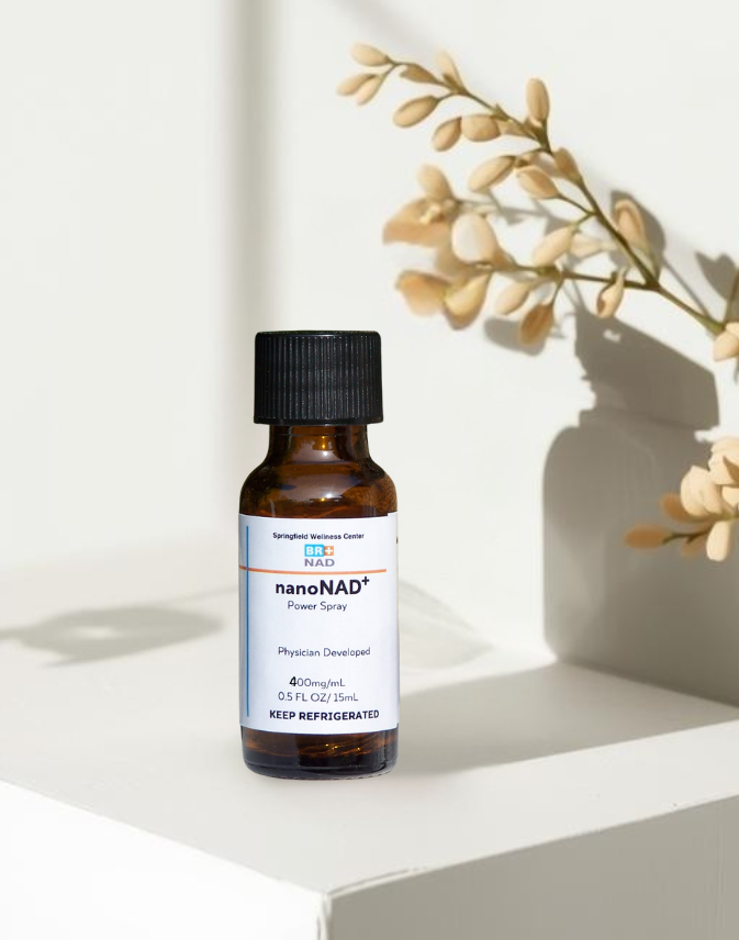 400 mg nanoNAD+ spray bottle on a white surface with a light background