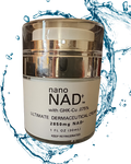 A jar of nano NAD+ skin care cream with a metallic gold cap and white label, surrounded by a blue water splash graphic on a white background.