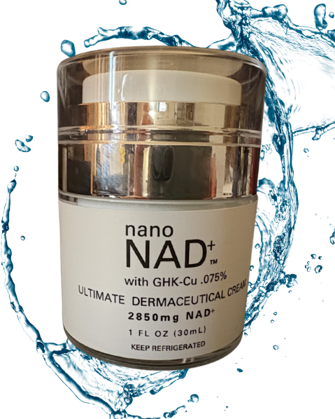 A jar of nano NAD+ skin care cream with a metallic gold cap and white label, surrounded by a blue water splash graphic on a white background.
